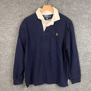 Polo by Ralph Lauren Mens Long Sleeve Rugby Shirt Cotton Navy Blue Gold Pony L